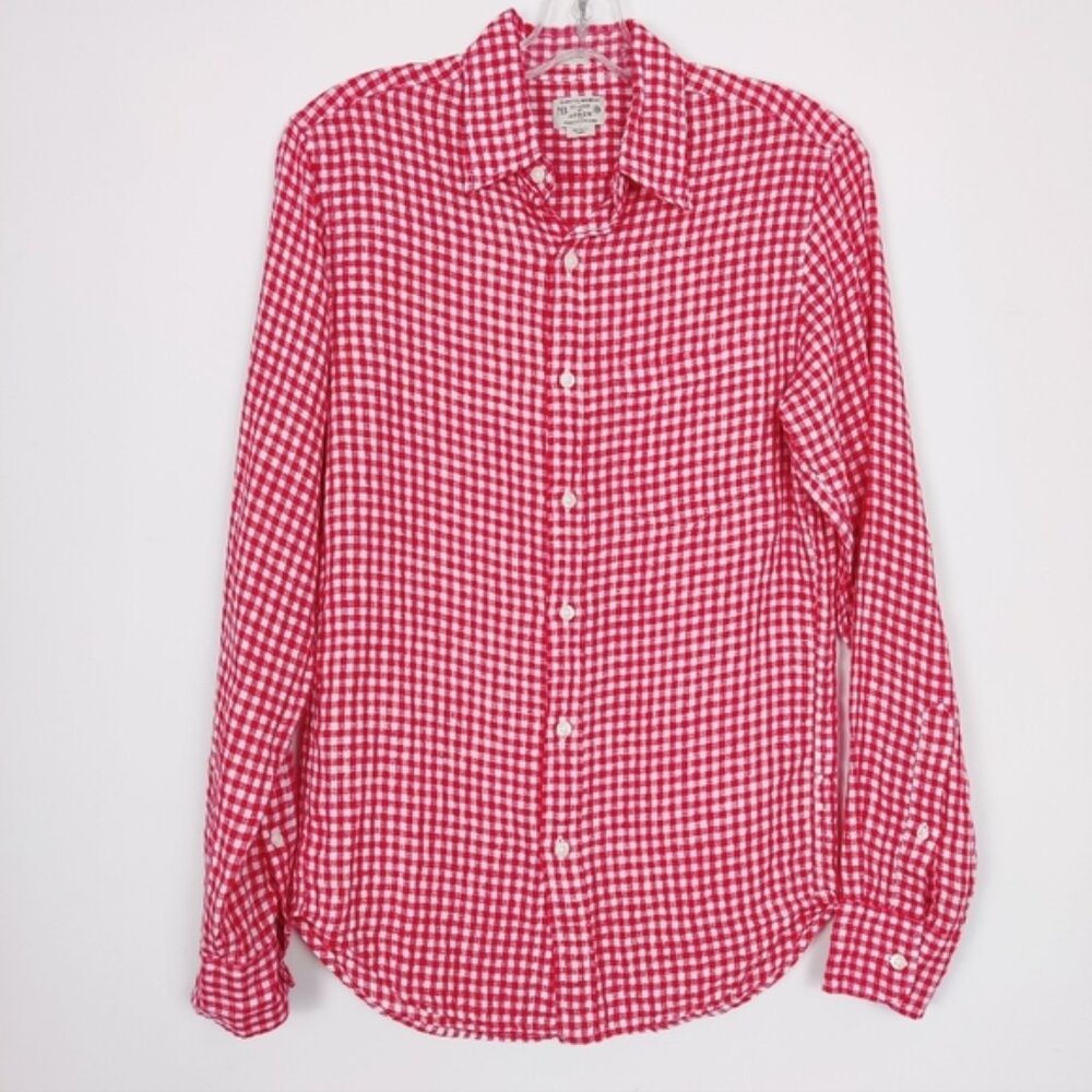 J. Crew Men's 100% Linen Gingham Burton Down Shirt in Red White Size XS